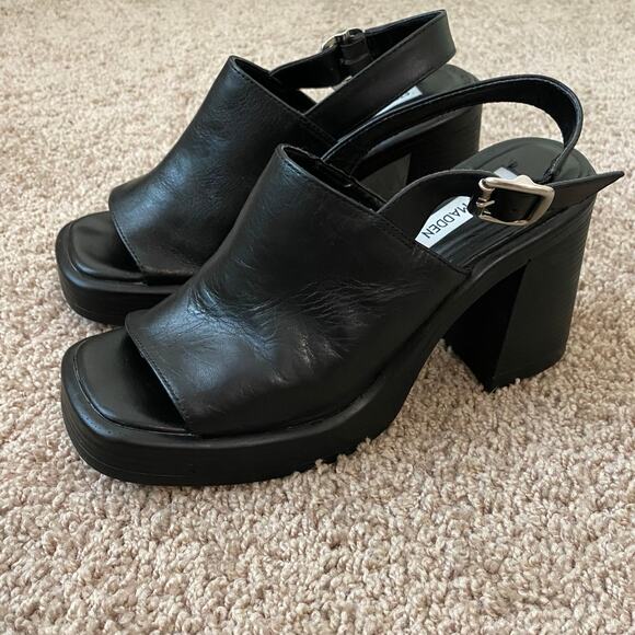 Steve Madden Leather Forza Sandal US 7 Black Block Heel Slingback Chunky Y2K - Picture 3 of 12